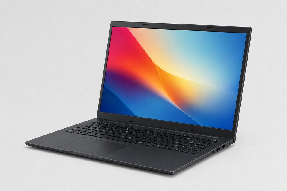 Notebook ASUS Vivobook Go 15 E1504 preto aberto em ângulo, tela Full HD e teclado chiclet